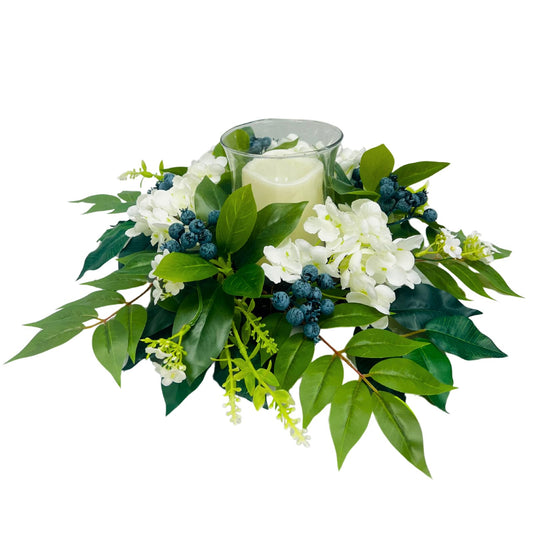 All Season Floral Arrangement Centerpiece for Table Glass Candle Holders with Artificial Hydrangea Flowers Blueberry Eucalyptus Leaves for Dining Room Indoor Outdoor Home Decor