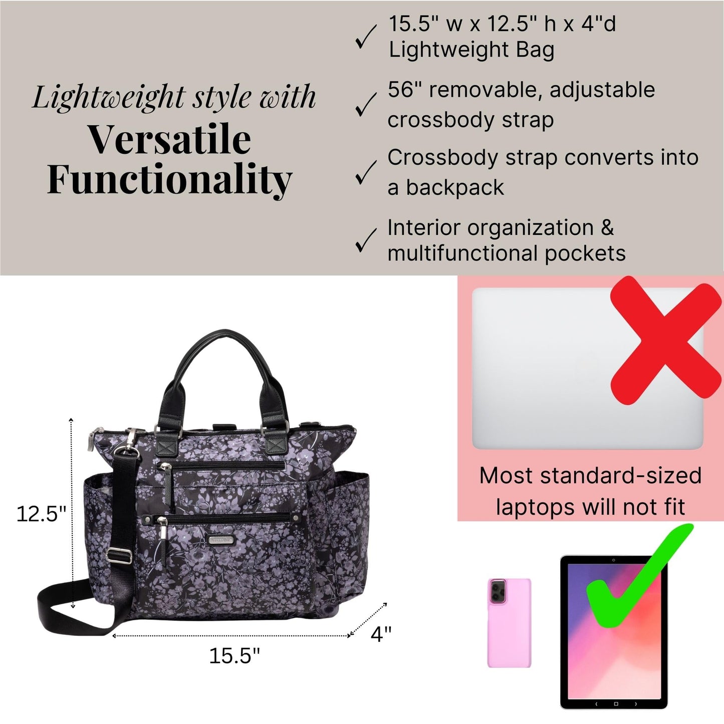 Baggallini Womens 3-in-1 Convertible Backpack, Black Hydrangea, One Size US