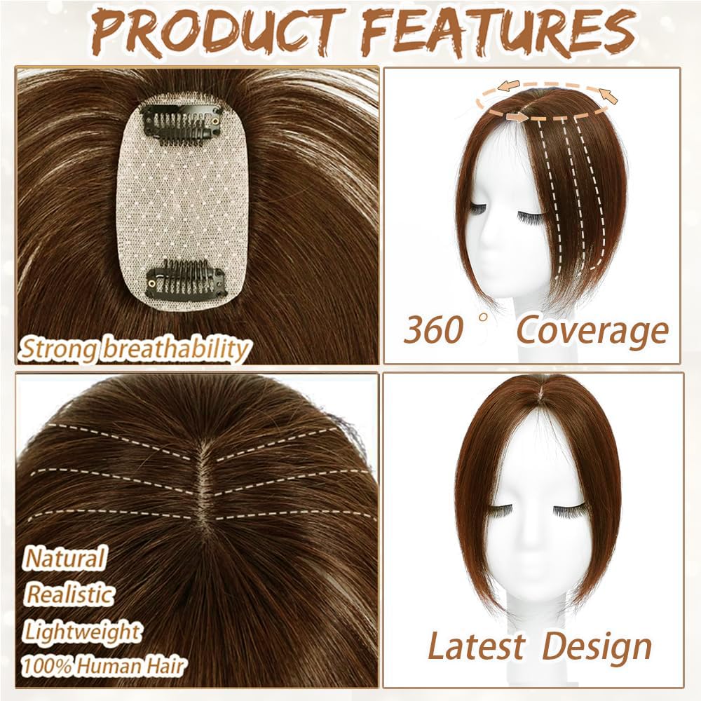 Amchoice Hair Toppers for Women Real Human Hair, Bangs Hair Clip 360° 3D Cover Human Hair Topper with Bangs, Human Hair Toppers for Women Daily (Light Brown, 3D Side Bangs (5 * 9))