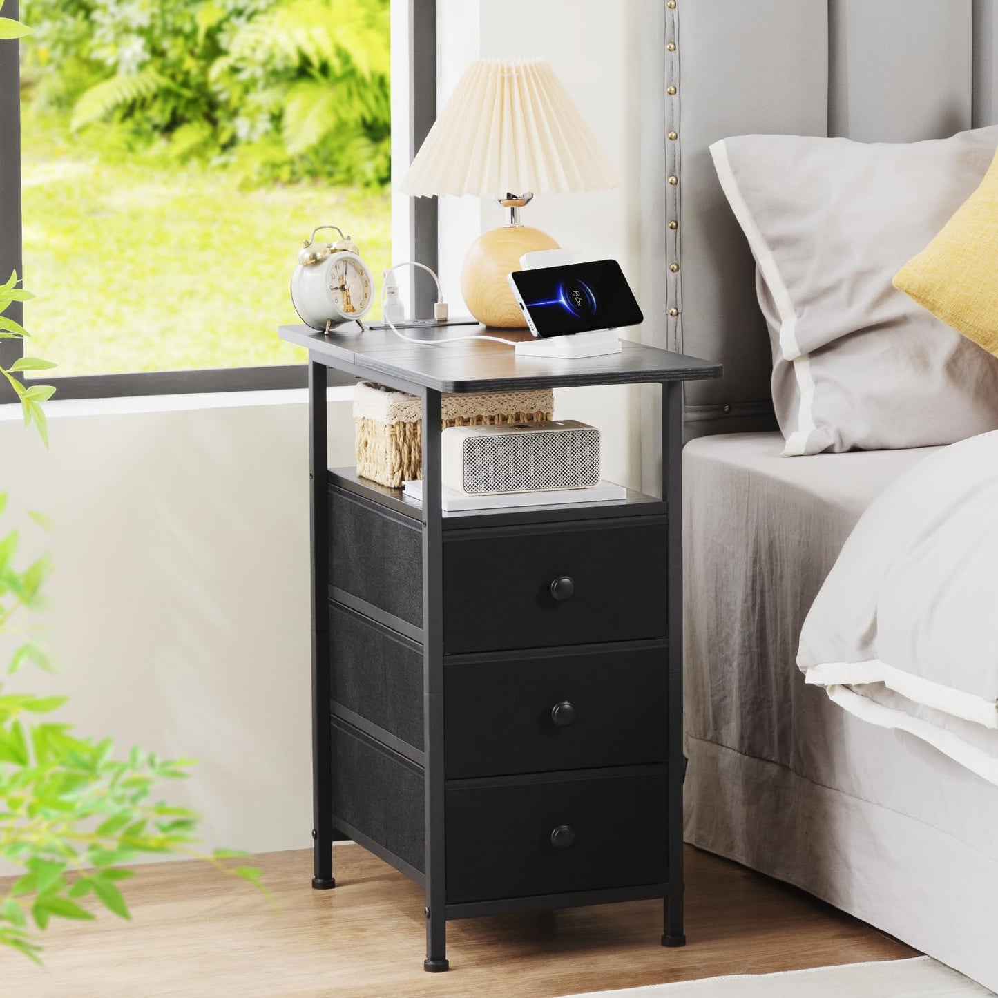 AMHANCIBLE End Tables Living Room with Charging Station, Narrow Side Table with USB Ports and Outlets, Slim Nightstand with 3 Fabric Drawers for Bedroom, Small Space, Black, HETN013BK-1