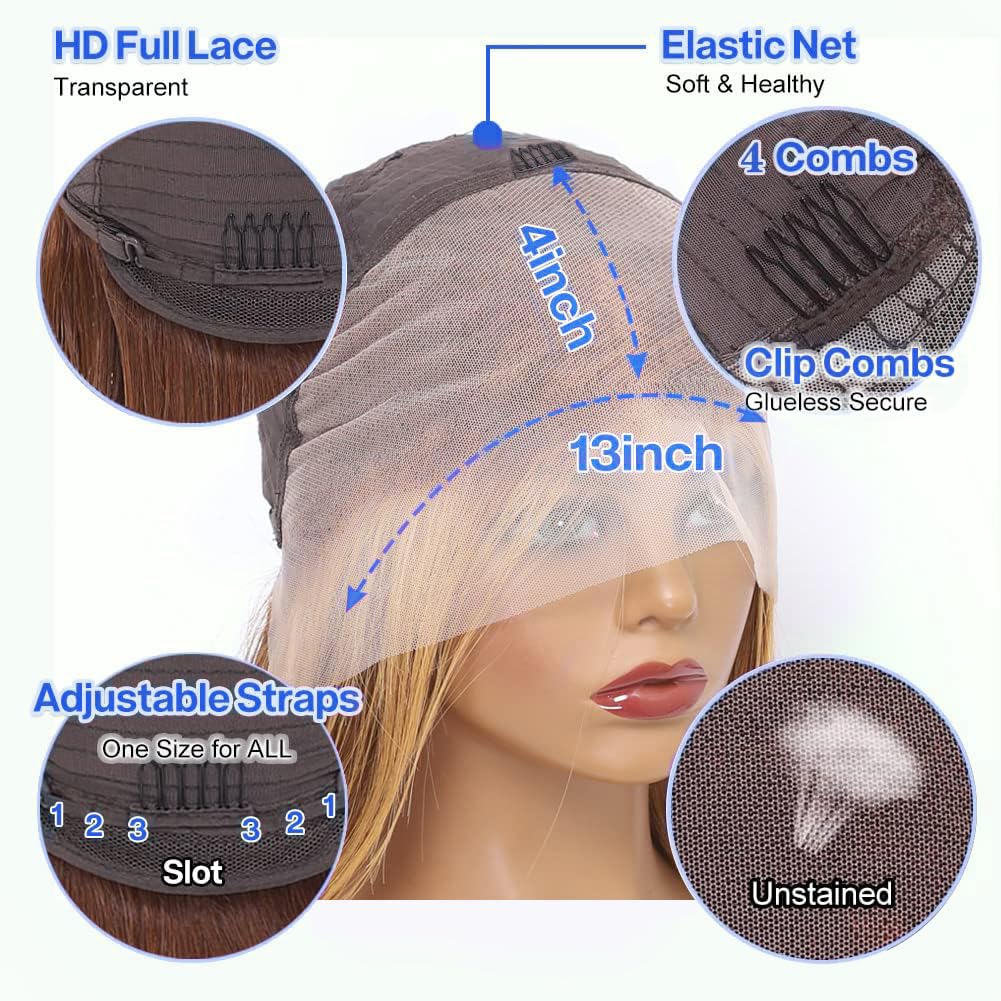 10 Inch Highlight Ombre Lace Front Wig Human Hair Glueless Bob Wigs Human Hair Pre Plucked, 4/27 Highlighted Honey Blonde HD Lace Front Wigs Human Hair Wigs For Black Women 180 Density