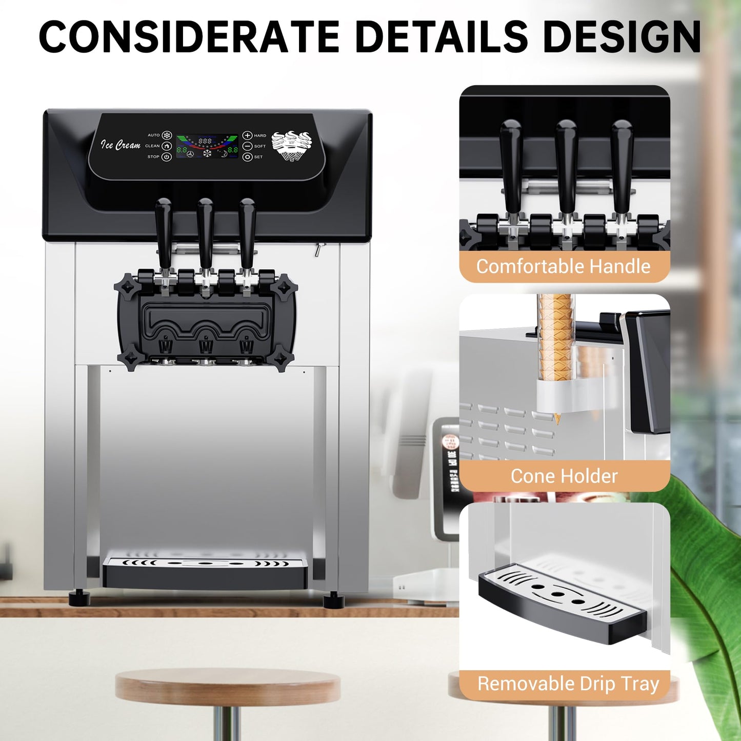 Soft Serve Ice Cream Machine Commercial & Home Use - 2+1 Flavors, 2200W, 5.3-7.4Gal/Hour | Auto Clean, Quiet Operation | Countertop Ice Cream Maker for Shops, Cafes, Parties