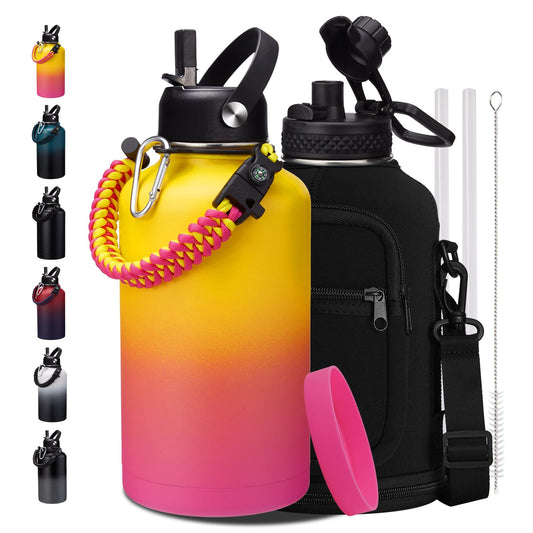 64 oz Insulated Water Bottle - with Straw, Spout Lids, Bottle Sleeve & Paracord Handle, Sports Gym Workout Metal Waterbottle Cold 48H, Hot 24H, Half Gallon Stainless Steel Water Jug Thermo Flask