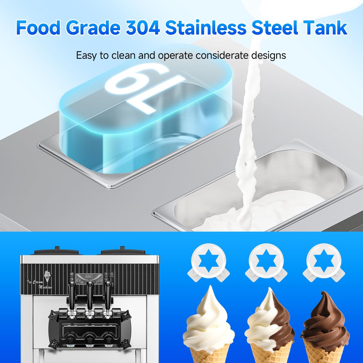 EKway Soft Serve Ice Cream Machine,28 QT/H Yield 2450W Vertical Commercial Ice Cream Machine With 2x6L Hopper 3 Dispensers,LCD Panel Auto Clean Pre-cooling,Frozen Yogurt Maker for Restaurant Snack Bar