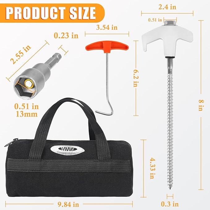 10 Pcs 8" Heavy Duty Screw-in Tent Stakes with Storage Bag, Glow-in-The-Dark Ground Anchor Peg, Metal Threaded Drillable Tent Stake for Camping Swing Canopies, with 1 Hex Nut Driver, Peg Puller