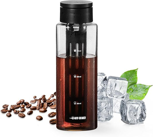 MHW-3BOMBER Cold Brew Coffee Maker Iced Coffee Tea Pitcher - 20oz Portable Brewing Coffee Cup with Filter - Reusable Tritan Material Bottle, Space-Saving Design, Black, CE6137B-OS