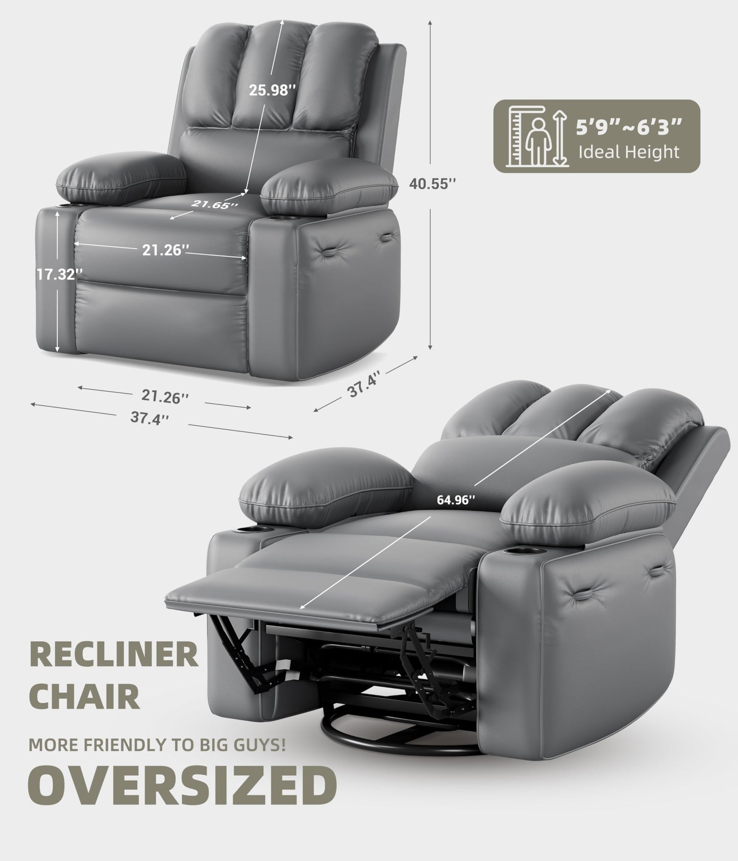 GarveeHome Oversized Recliner Chairs with 1.5X Sponge Filling, 360° Swivel Lazy Recliner Chair for Adults, Manual Rocking Chair with Cup Holder for Living Rooms, Bedrooms, and Nurseries
