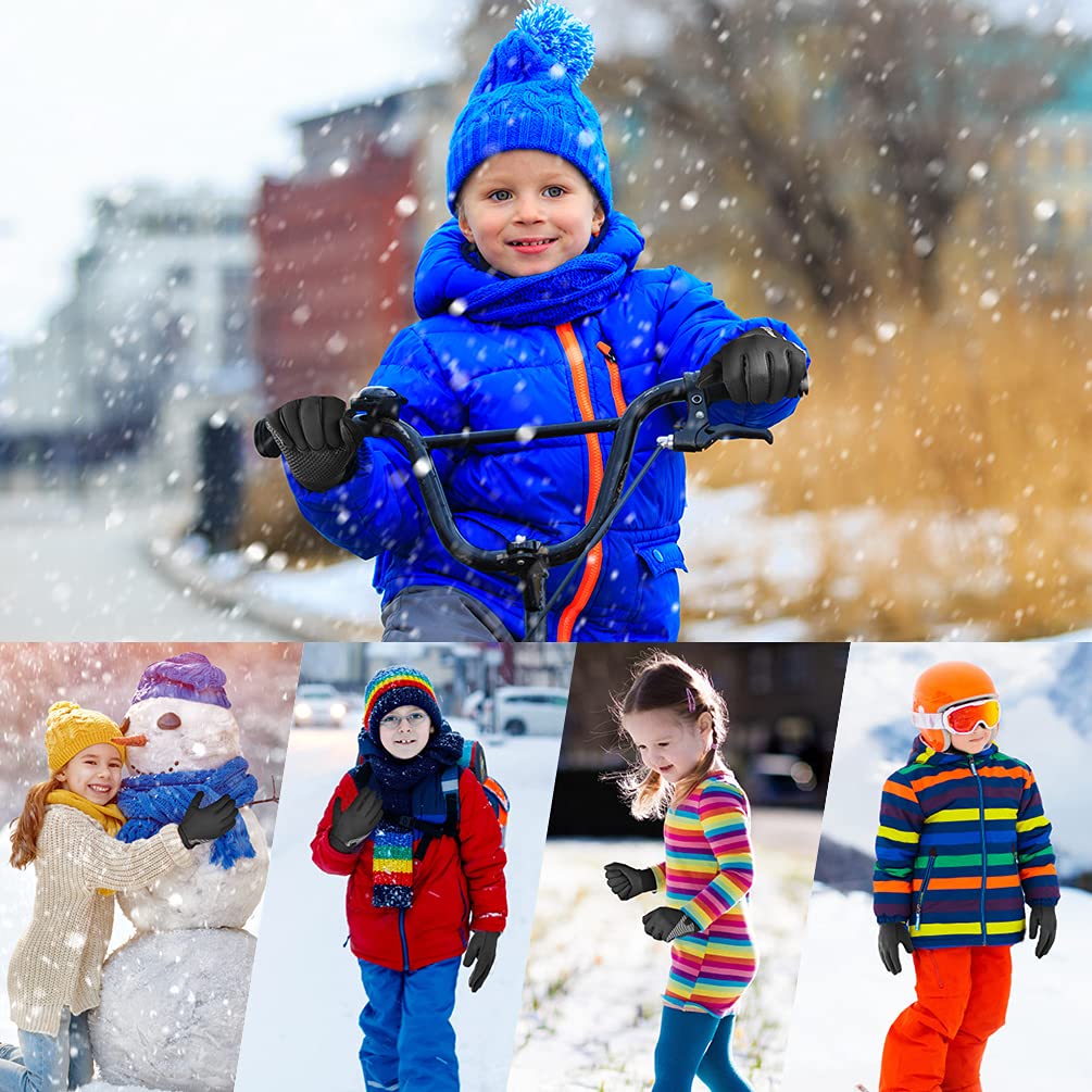 OOPOR Winter Warm Cycling Kids Gloves - Cold Weather Thermal Running Ski Bike Black Mittens Aged 4-12 Boys Girls L