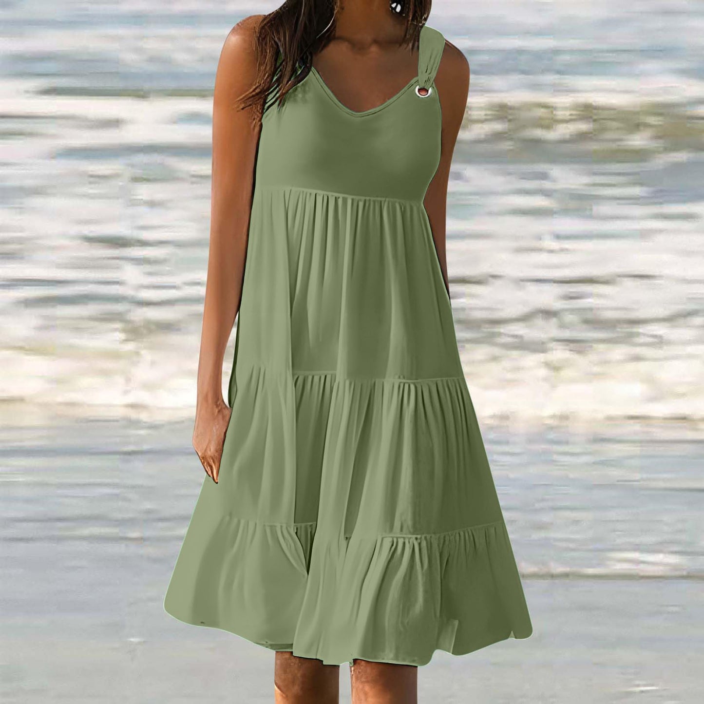 Anjikang Sales Today Clearance Summer Dresses for Women 𝟮𝟬𝟮𝟰 Sleeveless Beach Tank Dresses Tiered Ruffle Swing Dress Casual Solid Color Dresses, Large