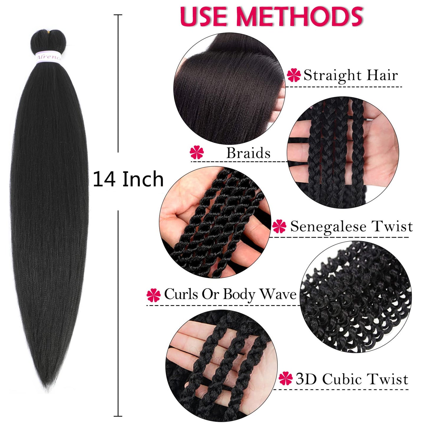 Alrence Pre Stretched Braiding Hair Long Braid 14 Inch 8 Packs Professional Braiding Hair Extensions Synthetic Crochet Twist Braids (14 Inch, 1B#)