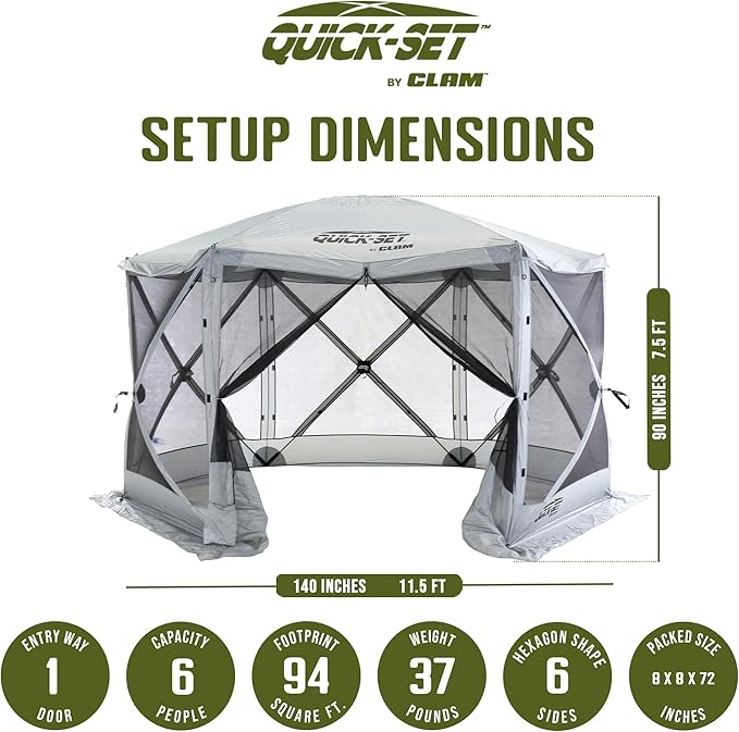 CLAM Quick-Set Escape Sport 11.5’ x 11.5’ Pop-Up Outdoor Camping Gazebo Instant Screen Tent 6-Sided Canopy Shelter with 6 Wind and Sun Panels, Gray