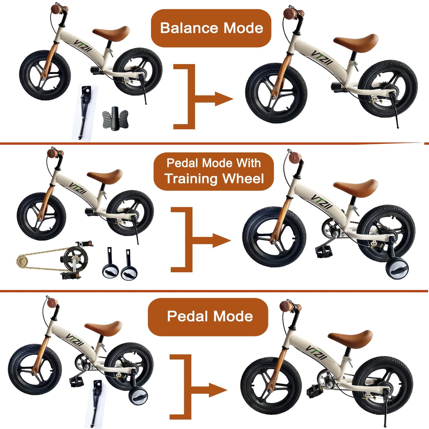 VTZII Balance Bike 2 in 1 with Pedals Brake Training Wheels Kickstand Pneumatic tyre,for Kids 2-7 Years Old,Kids Bike 12 14 16 inch (16 inch, White)