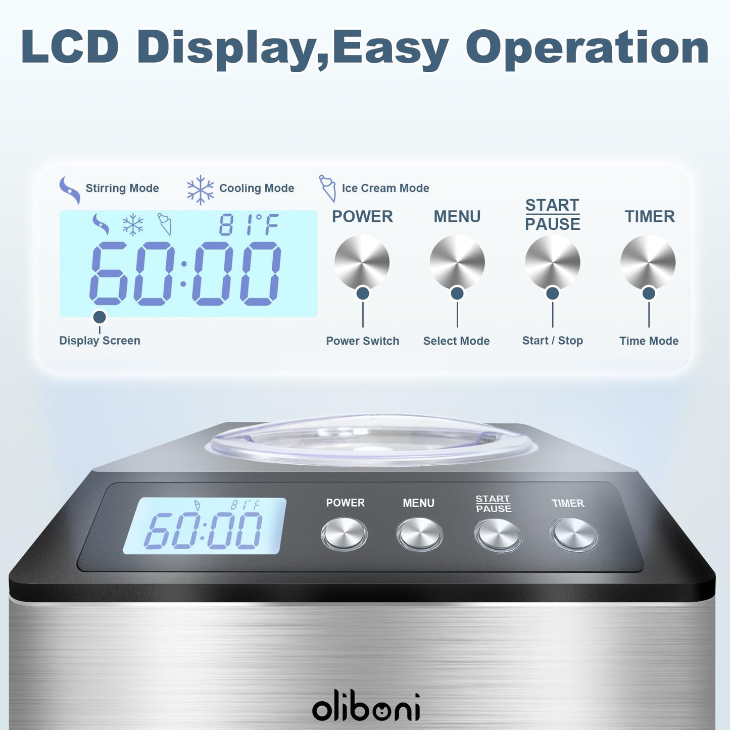 2.6 Qt Ice Cream Maker with Compressor, LCD Digital Display & Timer, No Pre-freezing, Countertop Gelato Makers, Automatic Ice Cream Machine for Homemade Use, Stainless Steel, 10-year Repair Service