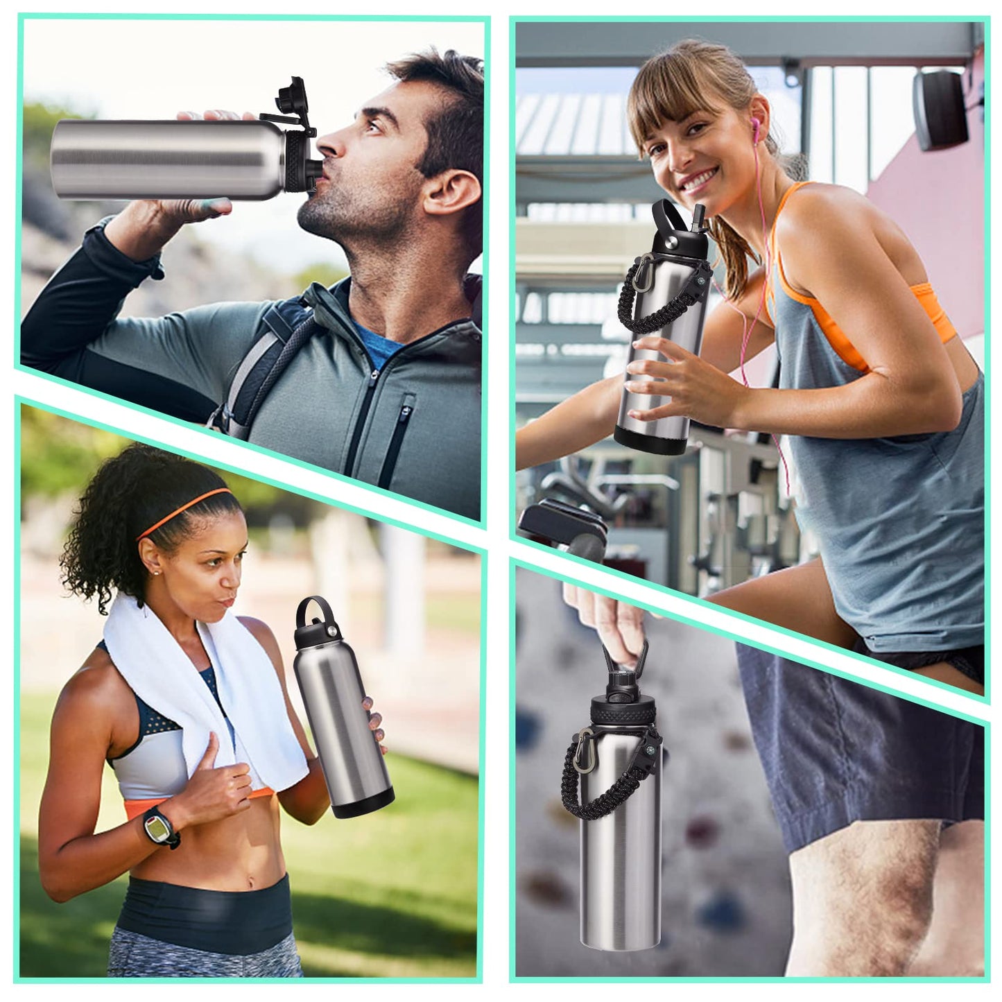 40oz Stainless Steel Water Bottle - Wide Mouth Vacuum Insulated Metal Water Bottle with Straw Lid & Paracord Handle, Sweat-Proof Water Flask Thermo Metal Mug with Strap for Gym Camping Hiking