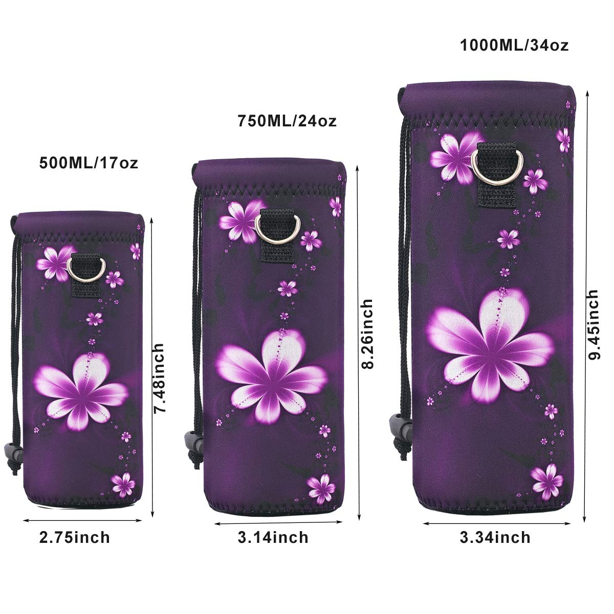 RICHEN Neoprene Water Bottle Carrier Bag with Adjustable Shoulder Strap,Insulated Water Bottle Cover for 500ml/16oz Stainless Steel/Glass/Plastic Bottles (Purple Flowers,500ML)