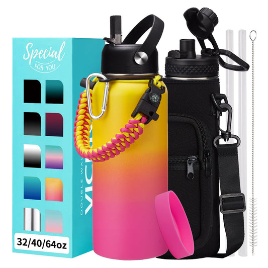 Stainless Steel Water Bottles 32oz - Cold-48h Hot-24h Insulated Water Bottle with Straw & Auto Spout Lid, Carrier Bag & Protective Cup Mat, Metal Thermo Flask Reusable Gym Waterbottle Jug Leak Proof