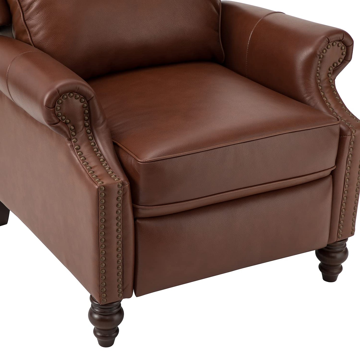 HULALA HOME Genuine Leather Recliner Chair, Traditional Manual Pushback Comfy Seating for Living Room, Thick Cushion & Solid Wood Legs, Wingback Recliner with Nailhead Trim, Brown