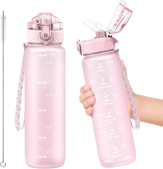 OLDLEY Kids Water Bottle for School, 17 oz (Straw Lid) BPA-Free Reusable Leak-proof Durable Tritan Plastic Water Bottles with One-handed Opening Straw Lids, Anti-dust Spout Cover (Pink)