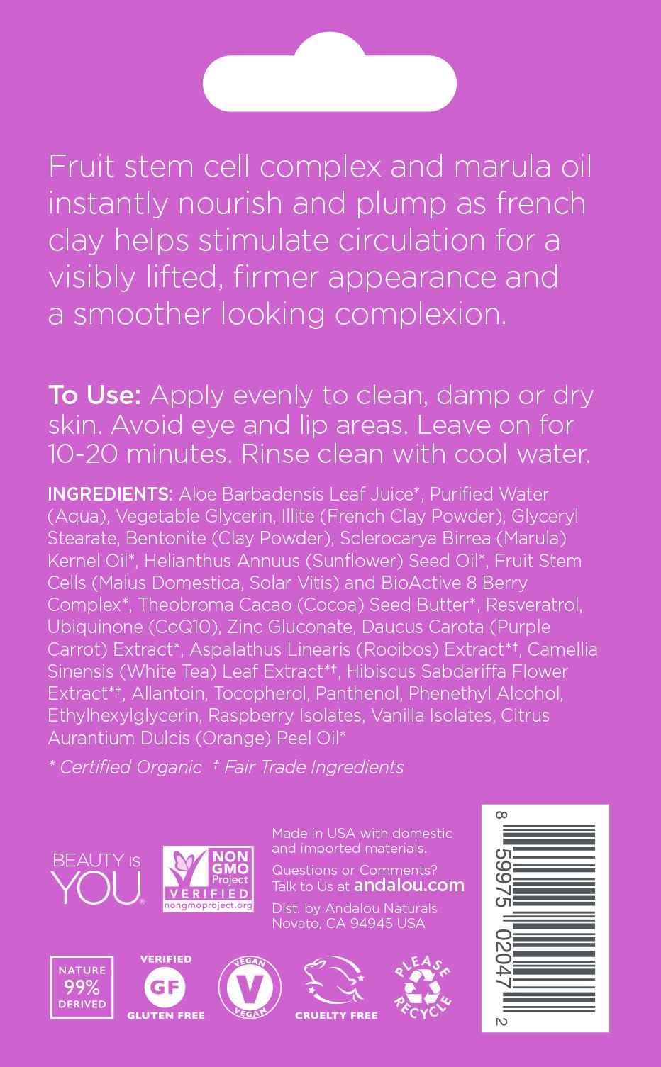 Andalou Naturals Instant Lift & Firm Marula Oil & Purple Clay Mask Pod, 0.28 Ounce