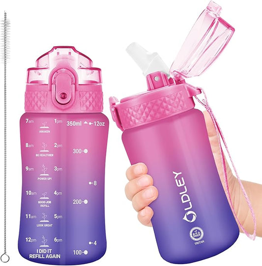 OLDLEY Kids Water Bottle for School, 12 oz (Straw Lid) BPA-Free Reusable Leak-proof Durable Tritan Plastic Water Bottles with One-handed Opening Straw Lids, Anti-dust Spout Cover (Rosepurple)