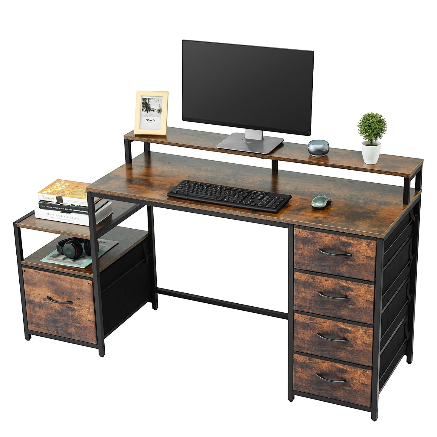 TOPSKY Computer Desk with Storage Shelf/Cloth File Drawer for Letter Size/Monitor Stand Study Table for Home Office (Rustic Brown, 62.4 inch)