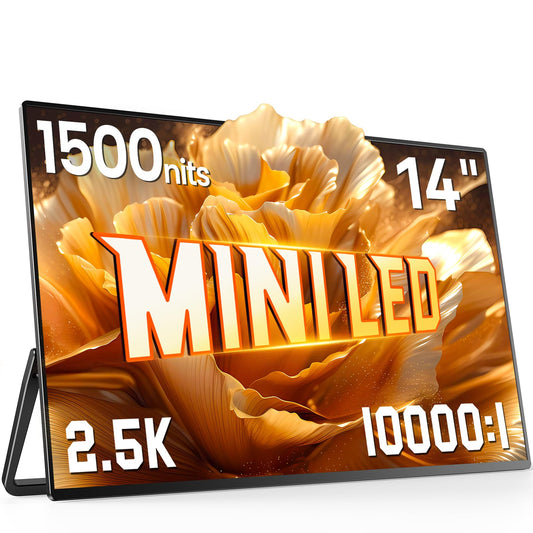 UPERFECT Mini LED Portable Monitor 14" 2.5K | 1500 Nits | 2560x1600 | 10000:1 Contrast | 1ms Freesync Portable Monitor for Laptop w/Stand & VESA, Slim Travel Screen for PC Phone Game Consoles