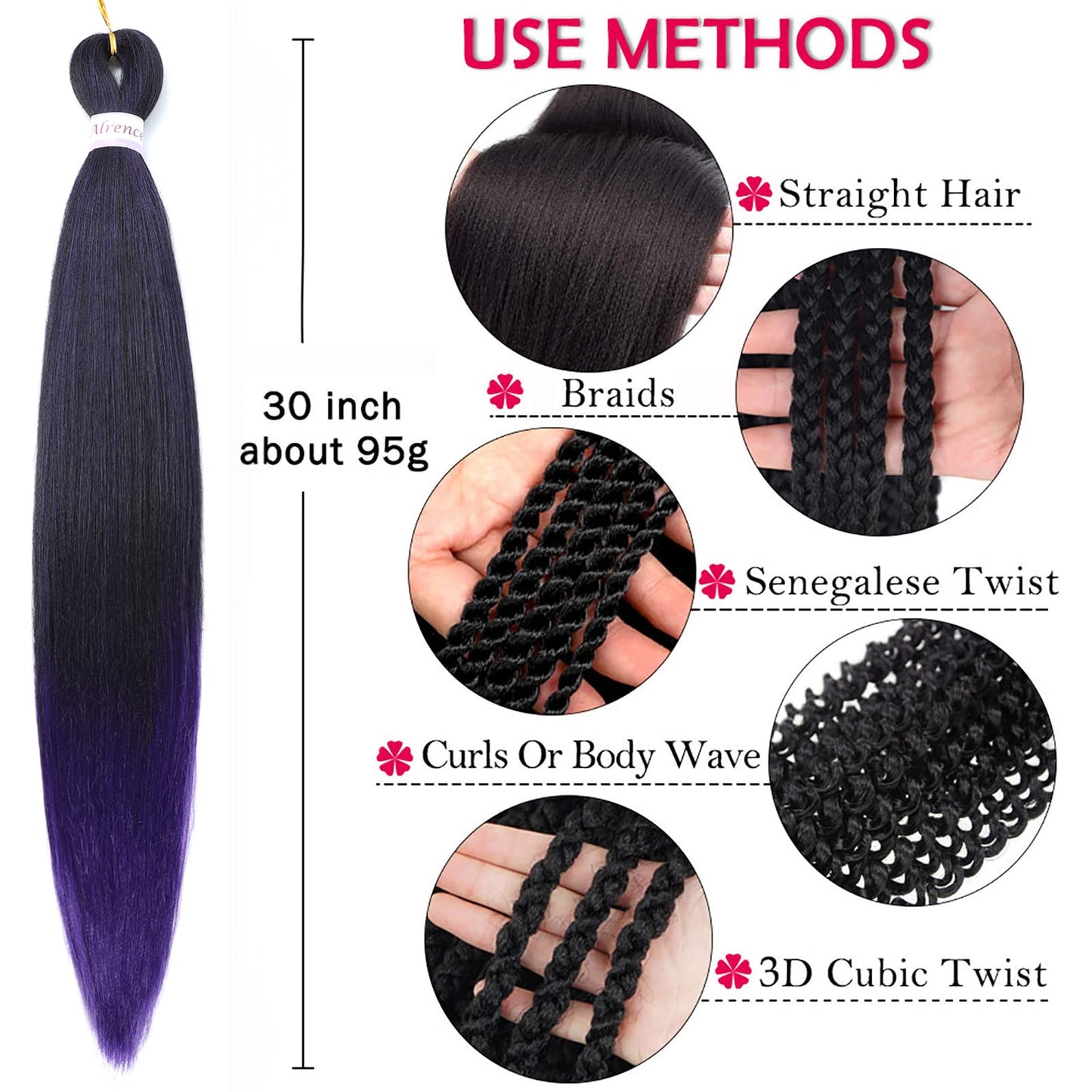 Alrence Pre Stretched Braiding Hair Long Braid 30 Inch 8 Packs Professional Braiding Hair Extensions Synthetic Crochet Twist Braids (30 Inch, 1B/Purple)