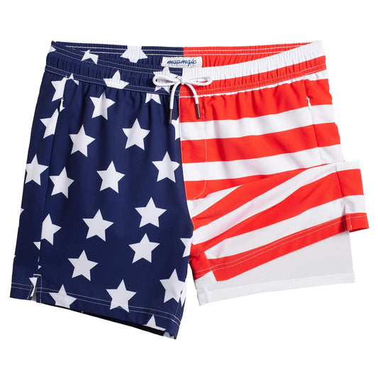 maamgic Mens Swim Trunks with Compression Liner 5" Stretch Athletic Swimming shorts Quick Dry with Zipper Pockets No-Chafing Board Shorts Half-Half American Flag XS