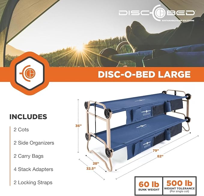 Disc-O-Bed Large Outdoor Convertible 2 Person Bench and Double Camping Cot Portable Bed Bunk System for Adults, Navy