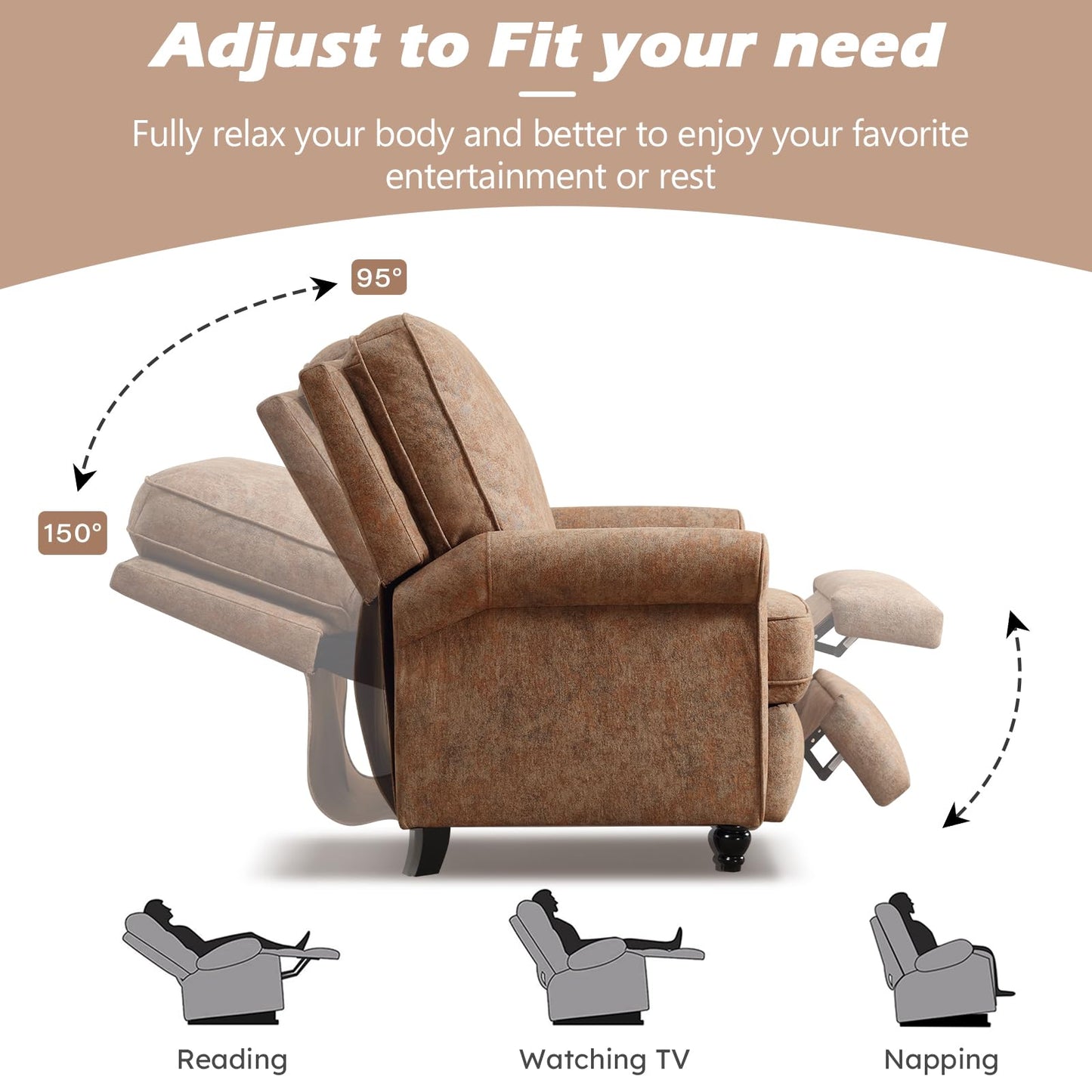 Bonzy Home Recliner Chair Accent Chair Set of 2, Push Back Reclining Chair with Padded Seat, Single Sofa Fabric Recliners for Living Room Bedroom Home Theater, Retro Brown