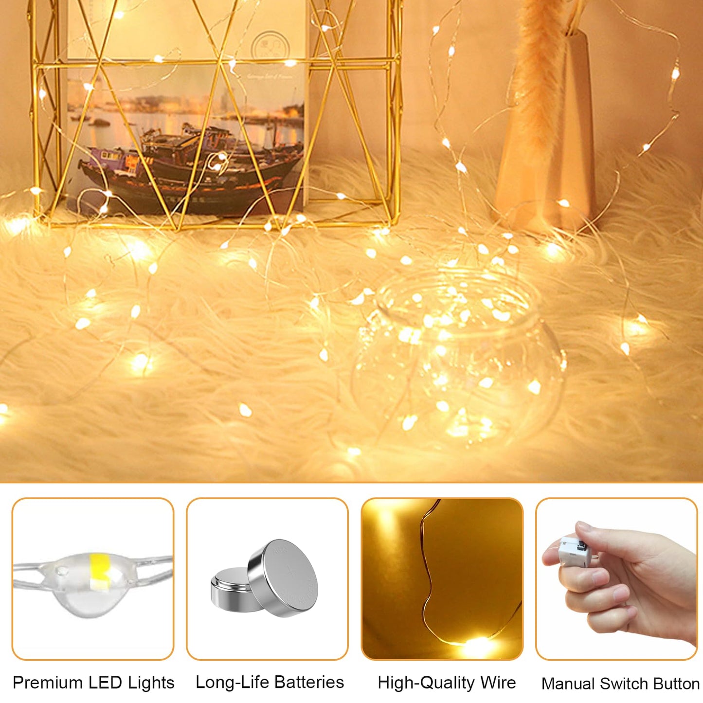 10 Pack Fairy Lights Battery Operated - 3 Speed Modes, 7Ft 20 LED String Twinkle Lights, Waterproof Copper Wire, Mini Firefly Light for Mason Jars Vases Christmas Decor, Warm White