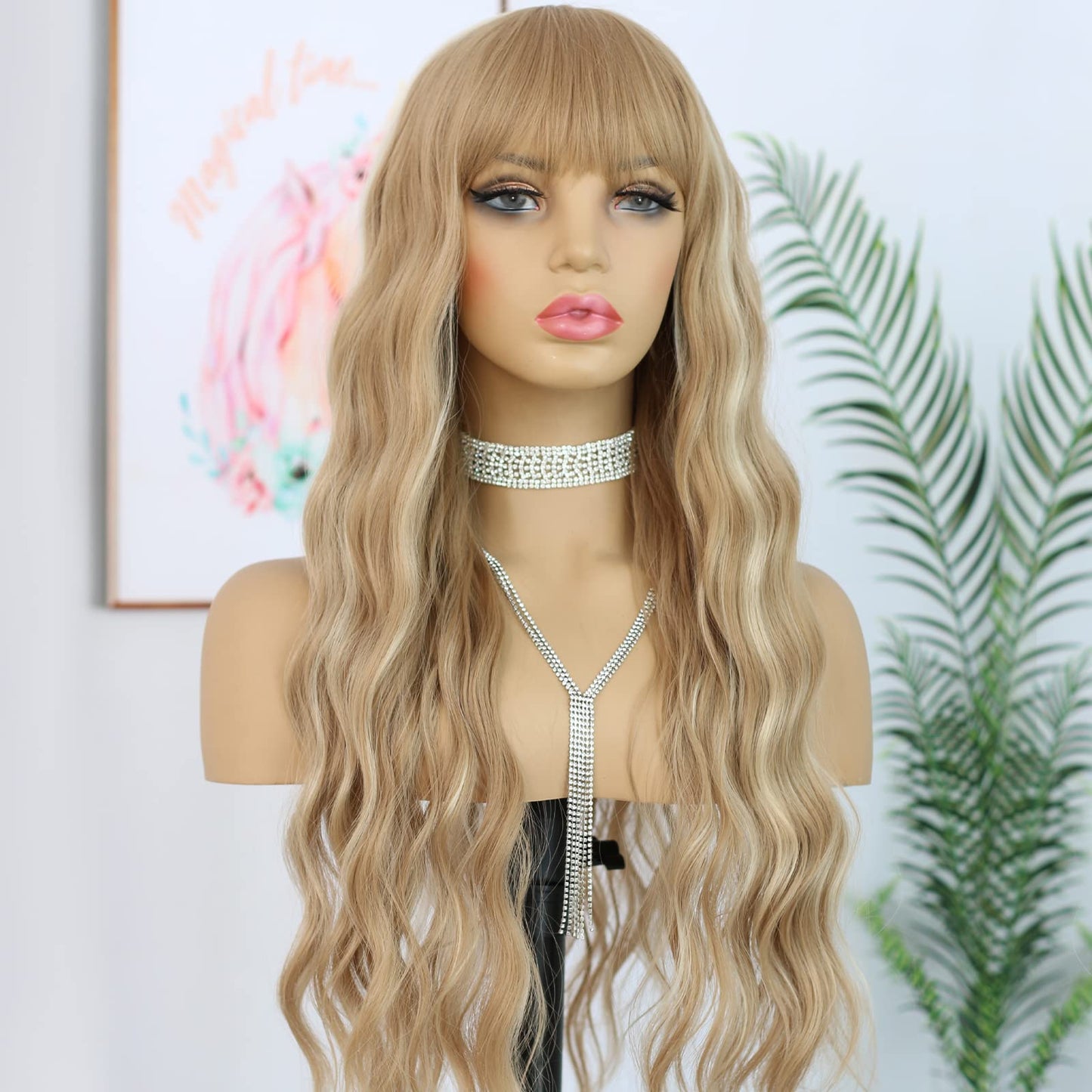 ANDRIA Blonde Wig Brown with Blonde Stripe Highlight Long Loose Curly Wavy Wig with Bangs Synthetic Heat Resistant Fiber Hair Colorful Wigs for White Women（Brown with Blonde Stripe Highlight）