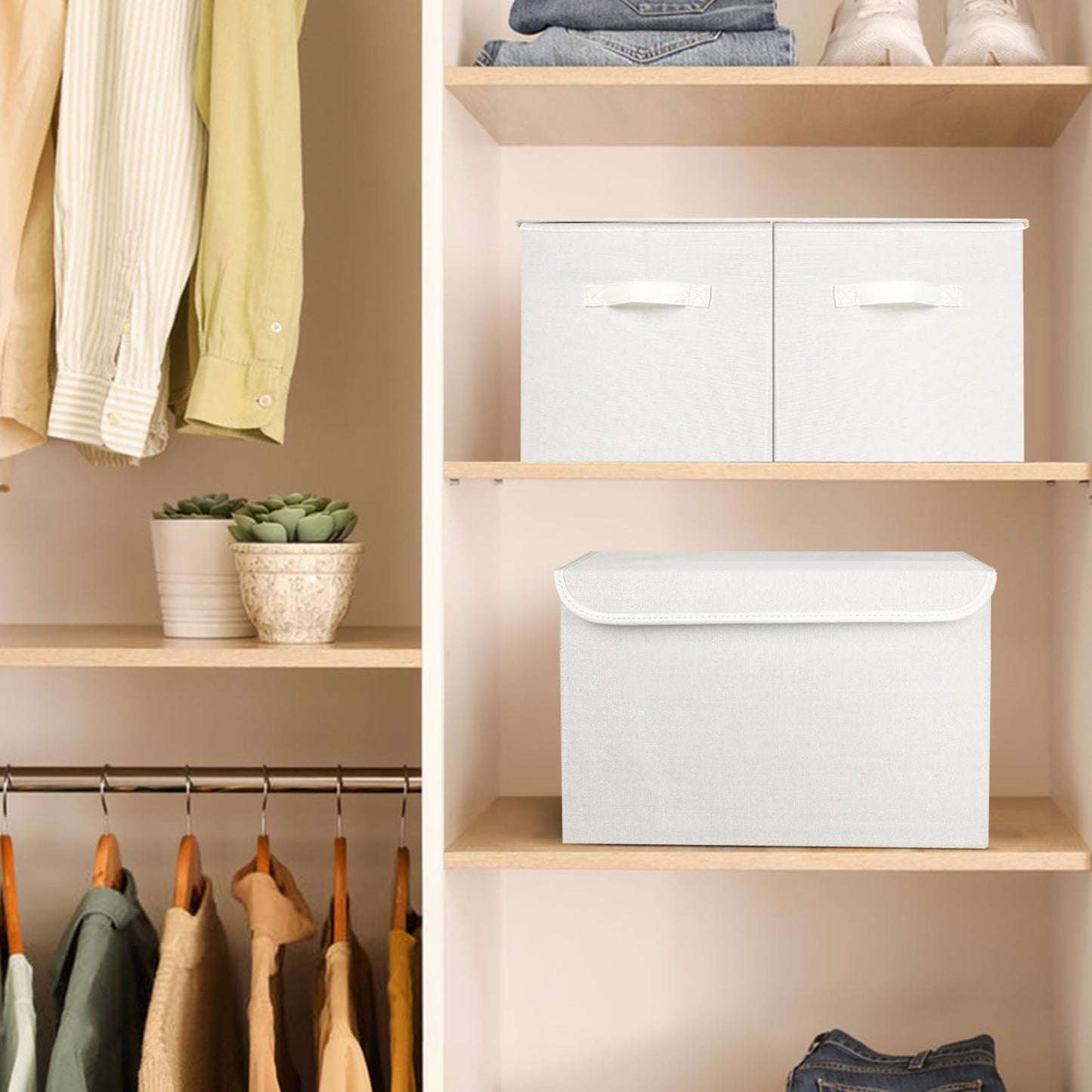 Bagnizer Large 17" 42 Quarts Collapsible Stackable Storage Bins with Lids [3-Pack] Foldable Fabric Linen Storage Boxes Cube, Closet Organizer Baskets with Label (16.7 x 12 x 12, White)