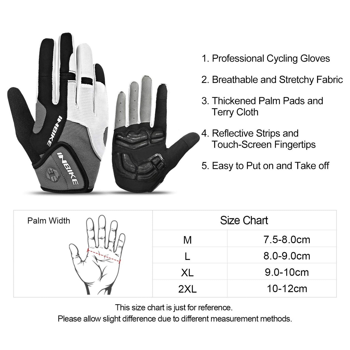 INBIKE Men's Cycling Gloves, Full Finger Gel Padded Mountain Bike Grey Large