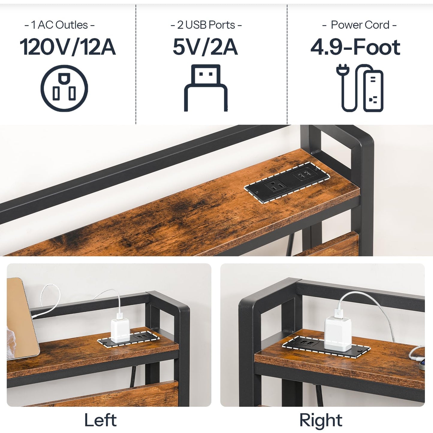 HOOBRO King Size Headboard, Headboard with 2 Outlets and 4 USB Ports, Adjustable Height, Storage Rack, Sturdy and Stable, Easy Assembly, Rustic Brown and Black