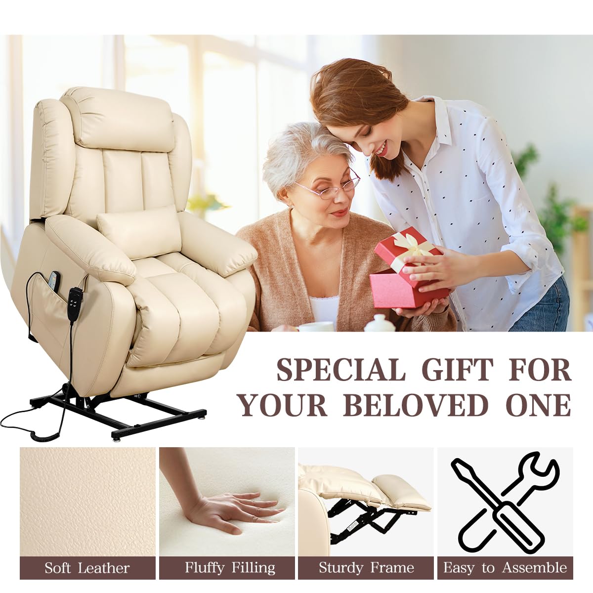 Infinite Position Lay Flat Lift Recliner Chair for Adults, Dual Motor Power Lift Chair for Elderly with Massage & Heating, Extended Footrest, USB Ports, Remote Control & Lumbar Pillow, Leather (Cream)