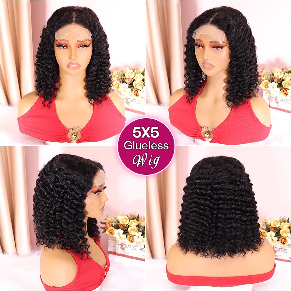 Ailwelia Deep 5x5 Hd Lace Closure Wigs Human Hair 200% Density Curly Bob Wig Deep Wave Closure Bob Wigs For Black Women Glueless Wigs Human Hair Pre Plucked 12 Inch
