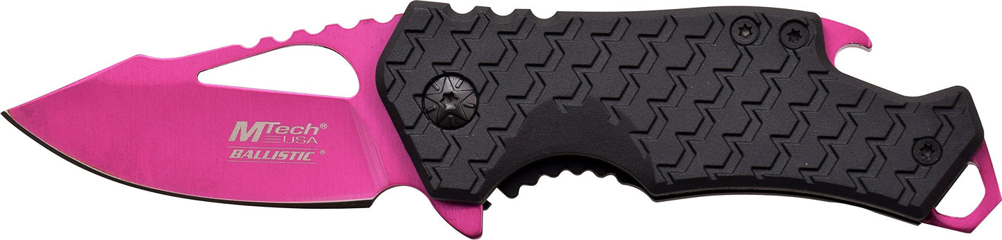 MTech USA – Spring Assisted Folding Knife – Pink Fine Edge Stainless Steel Blade with Black Nylon Fiber Handle, Bottle Opener, Pocket Clip, Tactical, EDC, Self Defense- MT-A882PK