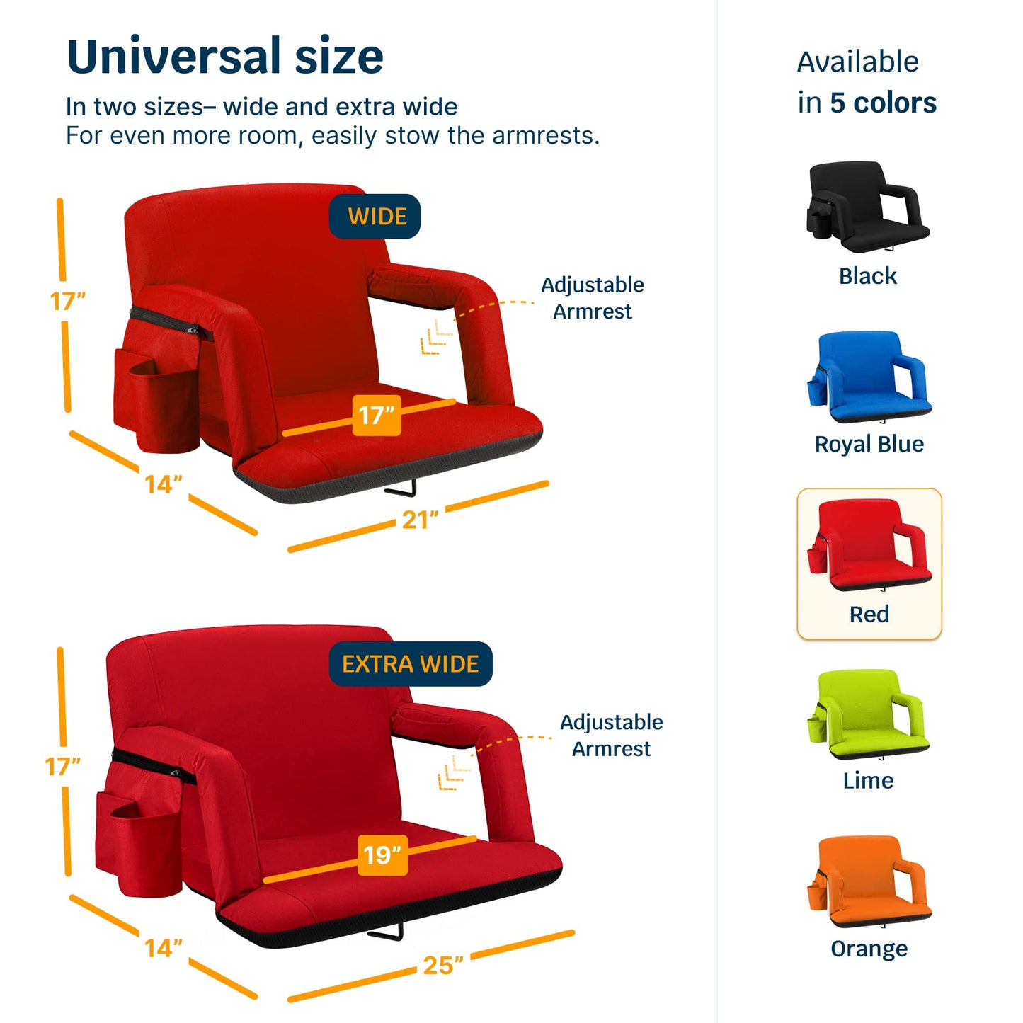 Alpcour Reclining Stadium Seat – Wide Bleacher Chair with Back Support and Cushion, Armrests, Side Pockets, and Bleachers Hook – Best Stadium Seats Chairs for Camping, Kayak, & Paddle Board Backs