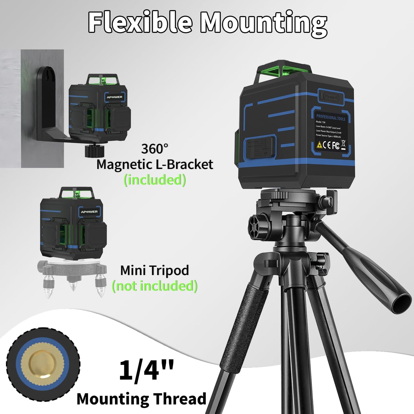 APOWER Laser Level 360 Self Leveling, 3 x 360°Cross Line Laser for Pictures Hanging, Floor Tile, DIY Projects and Home Renovation, L-Magnetic Bracket, Green Lazer Leveler Tool