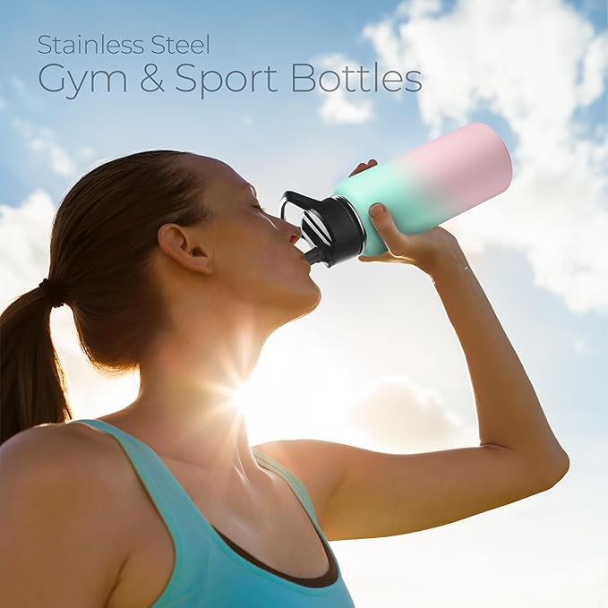 SipX™ Triple-Insulated Stainless Steel Water Bottle 32oz. With 3 Lids, BPA-Free Reusable Insulated Water Bottle Keeps Cold 24 Hours, Metal Water Bottle Made Of Sustainable Material For Hiking & Biking