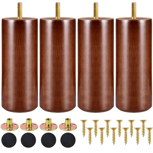 Wood Furniture Legs Set of 4, Solid Round Sofa Couch Feet Replacement Wood Legs for Furniture Table Chair Dresser Ottoman Cabinets Footstool DIY (Walnut, 6 inch)