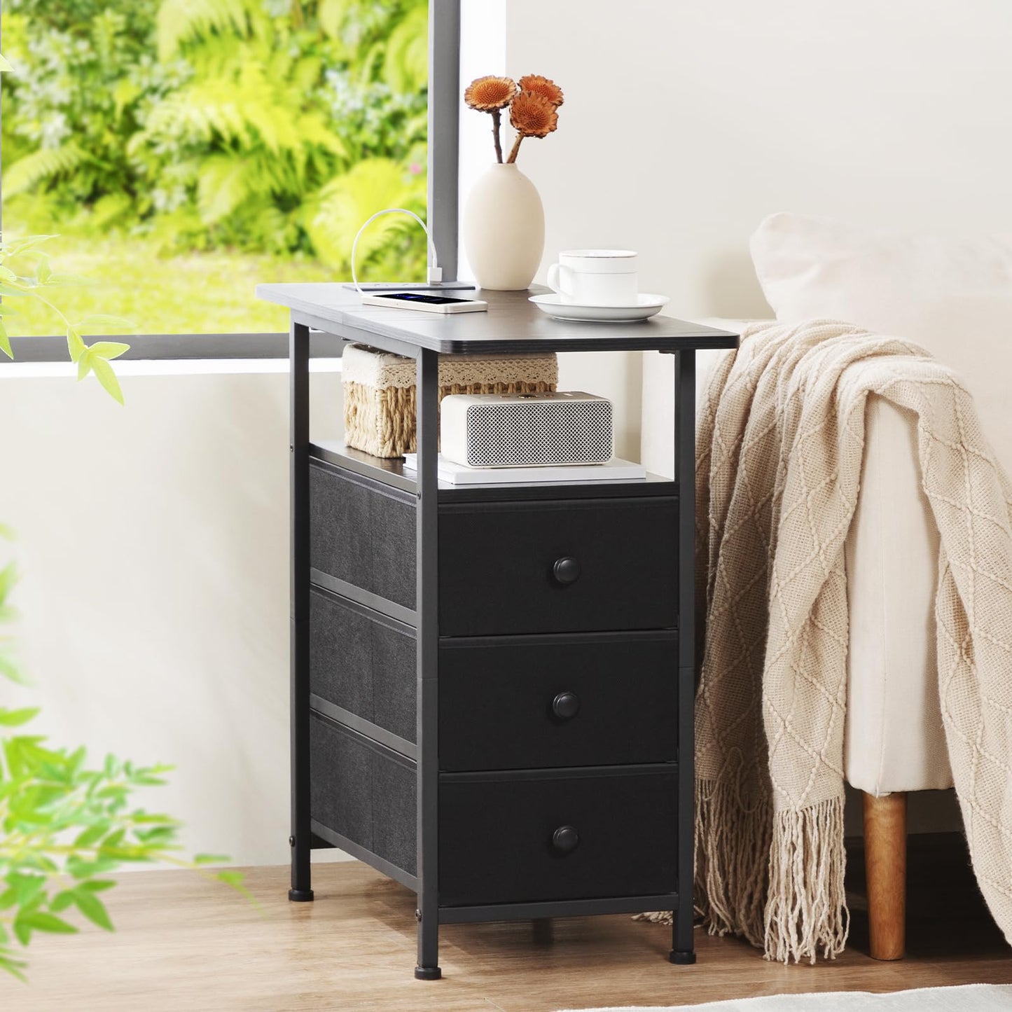 AMHANCIBLE End Tables Living Room with Charging Station, Narrow Side Table with USB Ports and Outlets, Slim Nightstand with 3 Fabric Drawers for Bedroom, Small Space, Black, HETN013BK-1