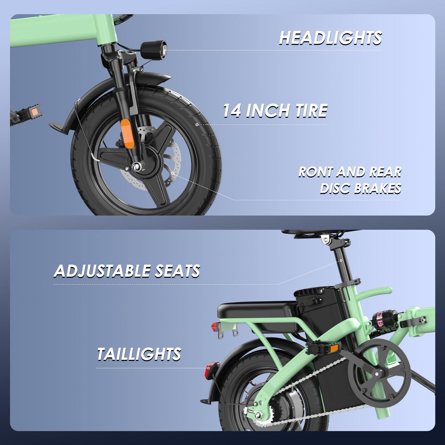 E14 Folding Electric Bike for Adults 500W Peak Motor, Foldable E Bike 14" Electric Bicycles with 48V 13Ah Removable Battery UL 2849 Certified, 25 Miles PAS Range, Mini Ebikes for Teens (E14 Green)