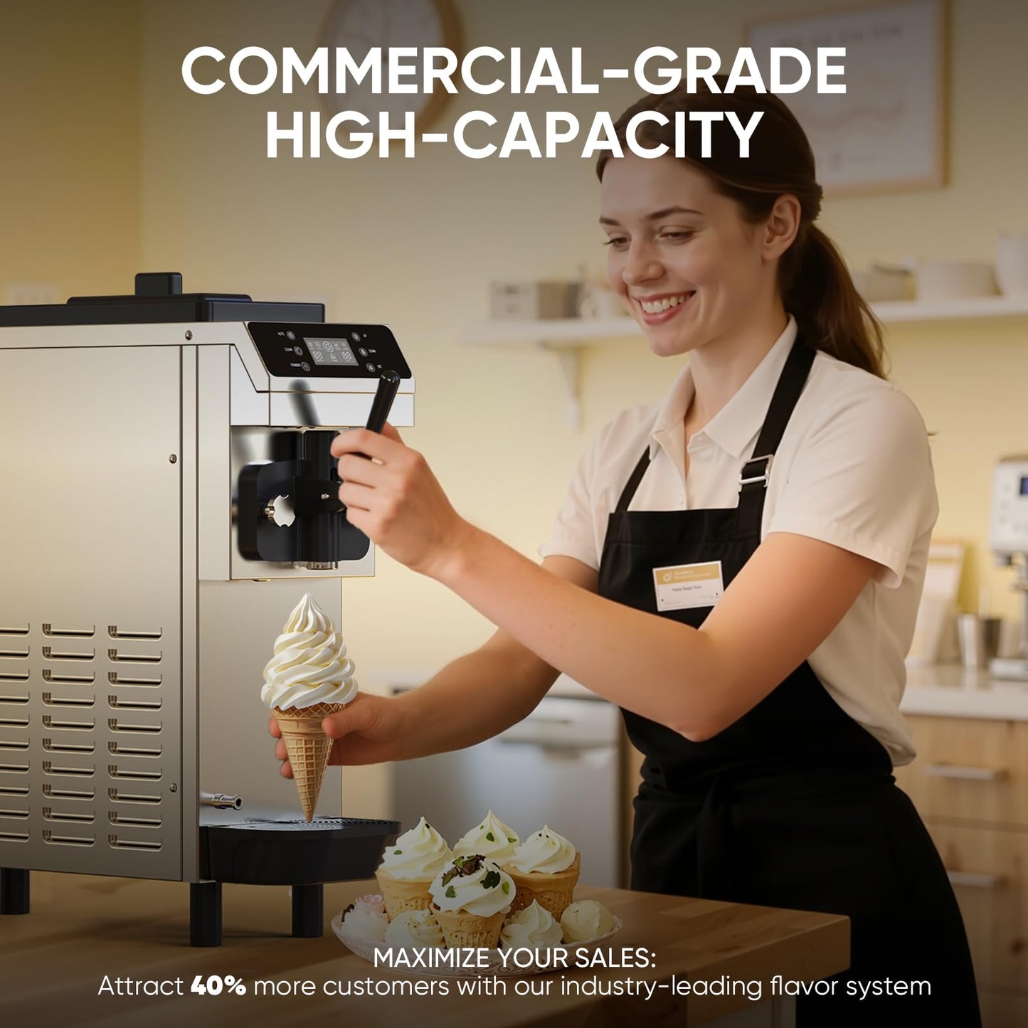 15 QT(≈3.75gal)/H Commercial Ice Cream Maker Machine,100-150 servings, 4.3L 304 Stainless Steel Bowls, 1.6L Freezing Tank, Soft Serve Frozen for Startups & Home Businesses