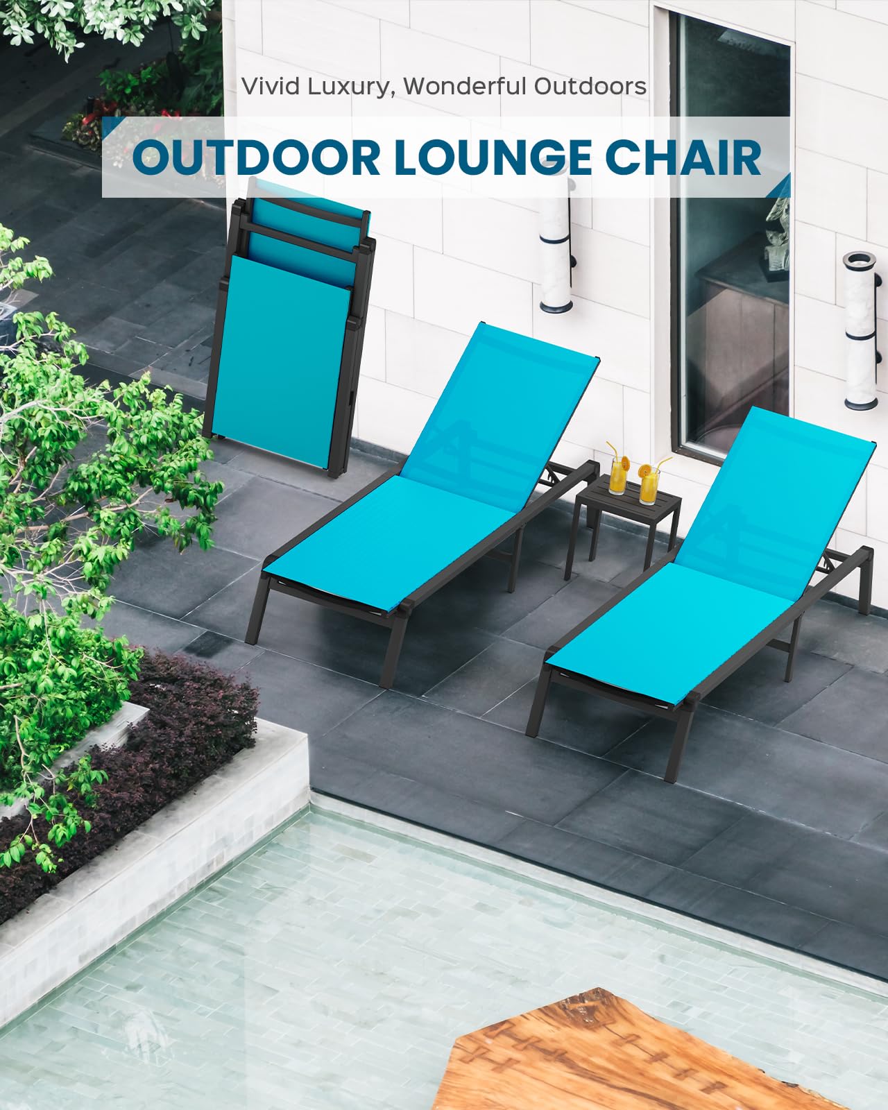 Vexwalx Pool Lounge Chairs Set of 2, Foldable Aluminum Chaise Lounge Outdoor with 5 Positions Recliner - Free Assembly - Patio Chaise Lounge Chair for Poolside, Beach, Yard (Lakeblue, 2 Pack)