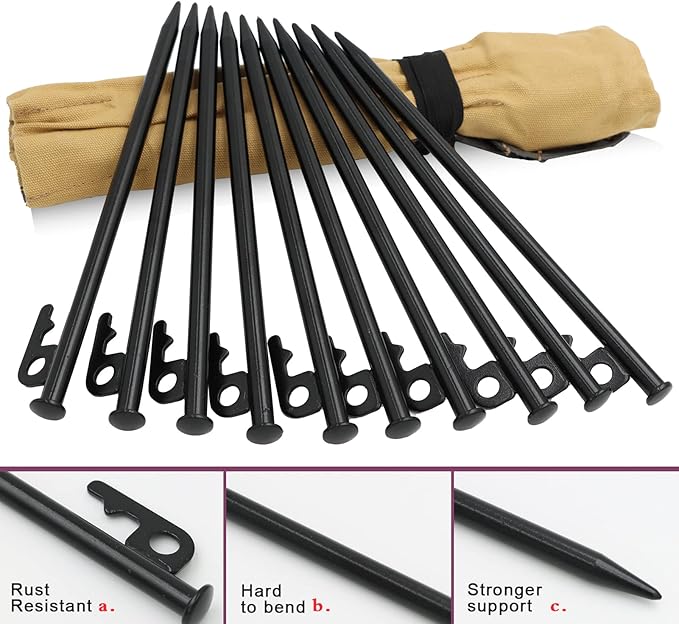 10 inch Tent Stakes,Metal Heavy Duty Camping Stakes for Outdoor Canopy and tarp ,10 Pack with Portable Bag