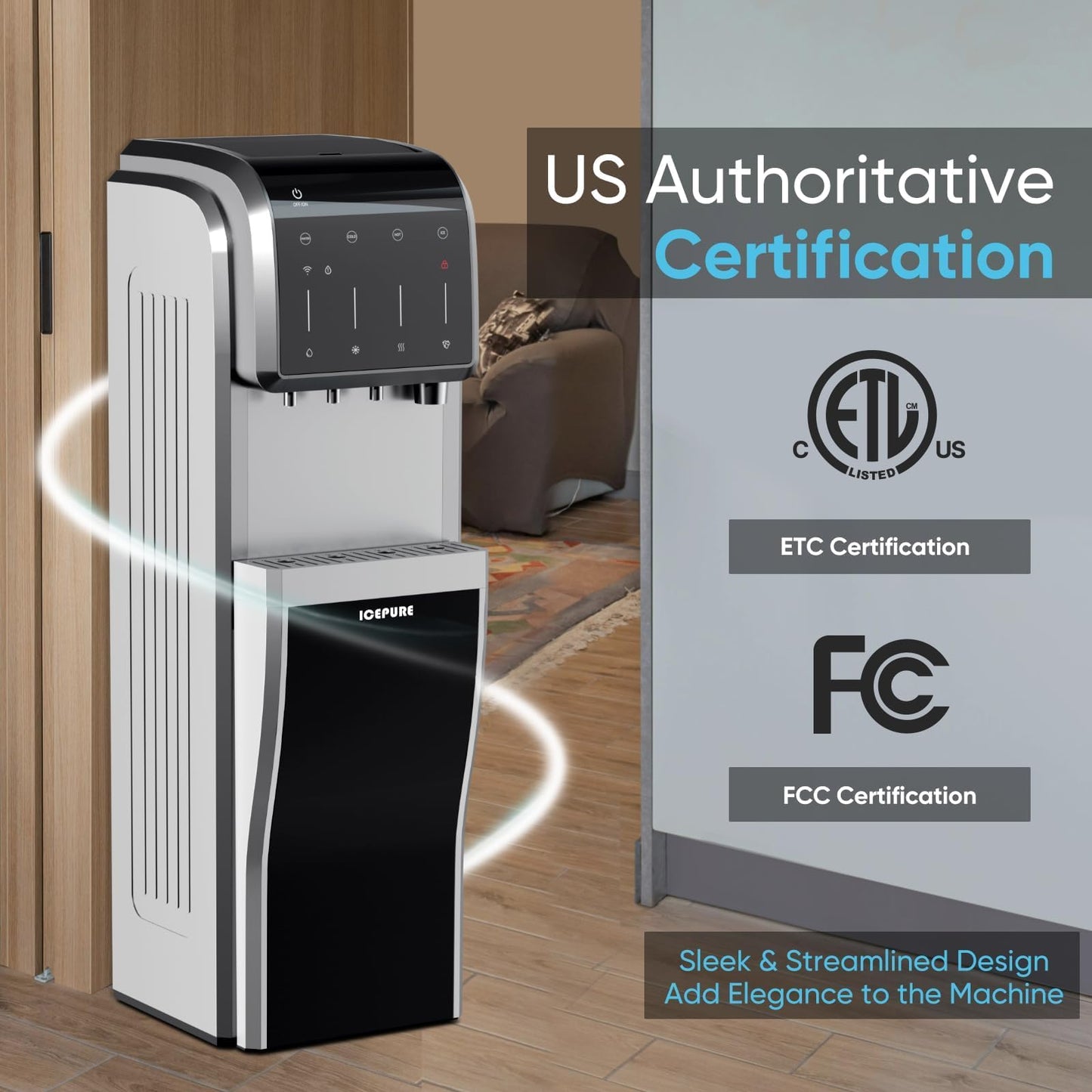 ICEPURE 5-in-1 Water Cooler with Ice Maker, Bottom Load for 5 Gallon Bottle, WIFI, Bullet and Crushed/Chewable Ice, 35lbs/24H, Hot and Cold Water, Water Dispenser Built-in Ice Machine, Stainless Steel