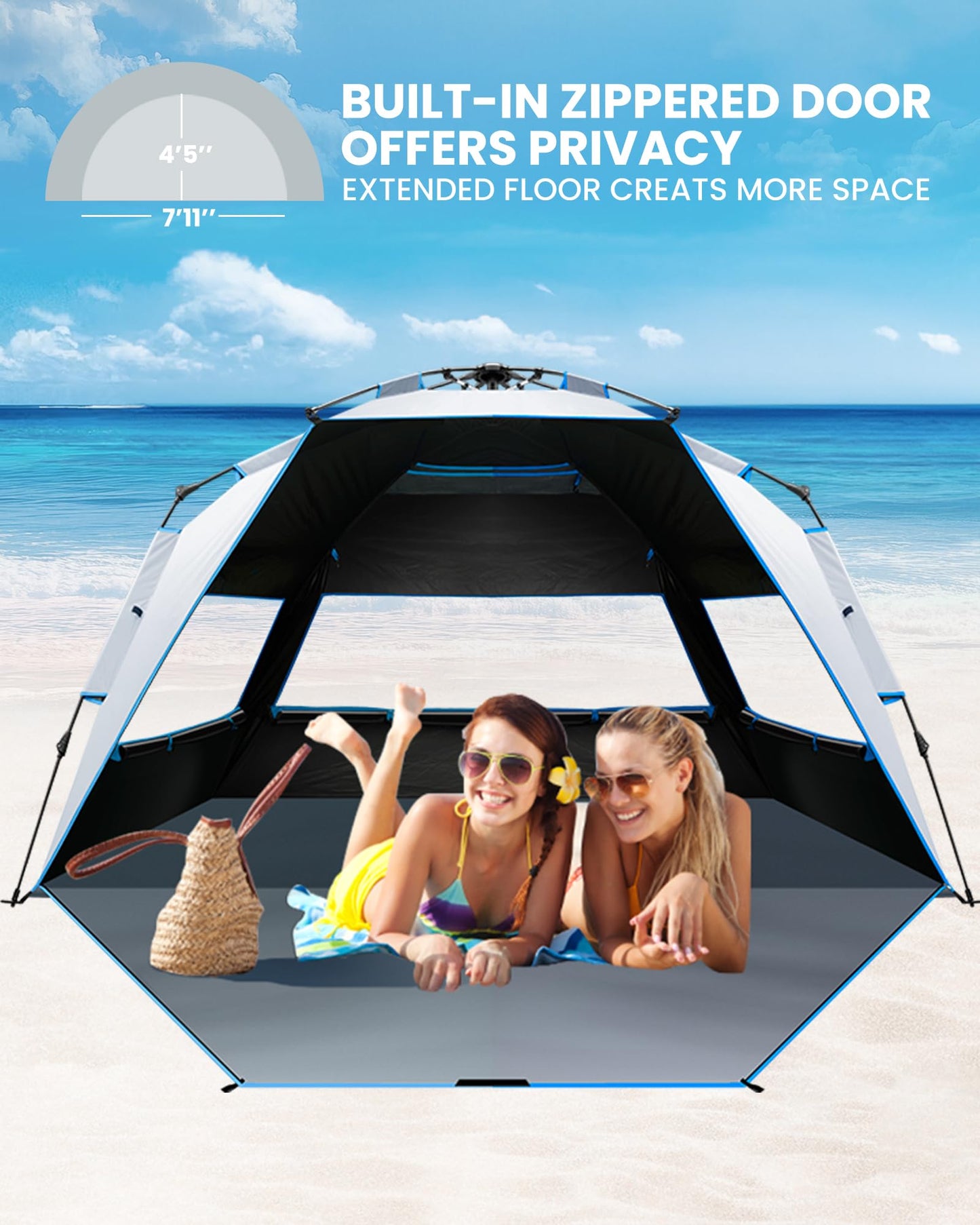 OutdoorMaster Beach Tent with Blackout Shelter Technology, Portable Sun Shade Shelter 4 Person, Pop Up Beach Tents with UPF 50+ UV Protection, 9.5mm Thick Pole, 3 Ventilating Mesh Windows