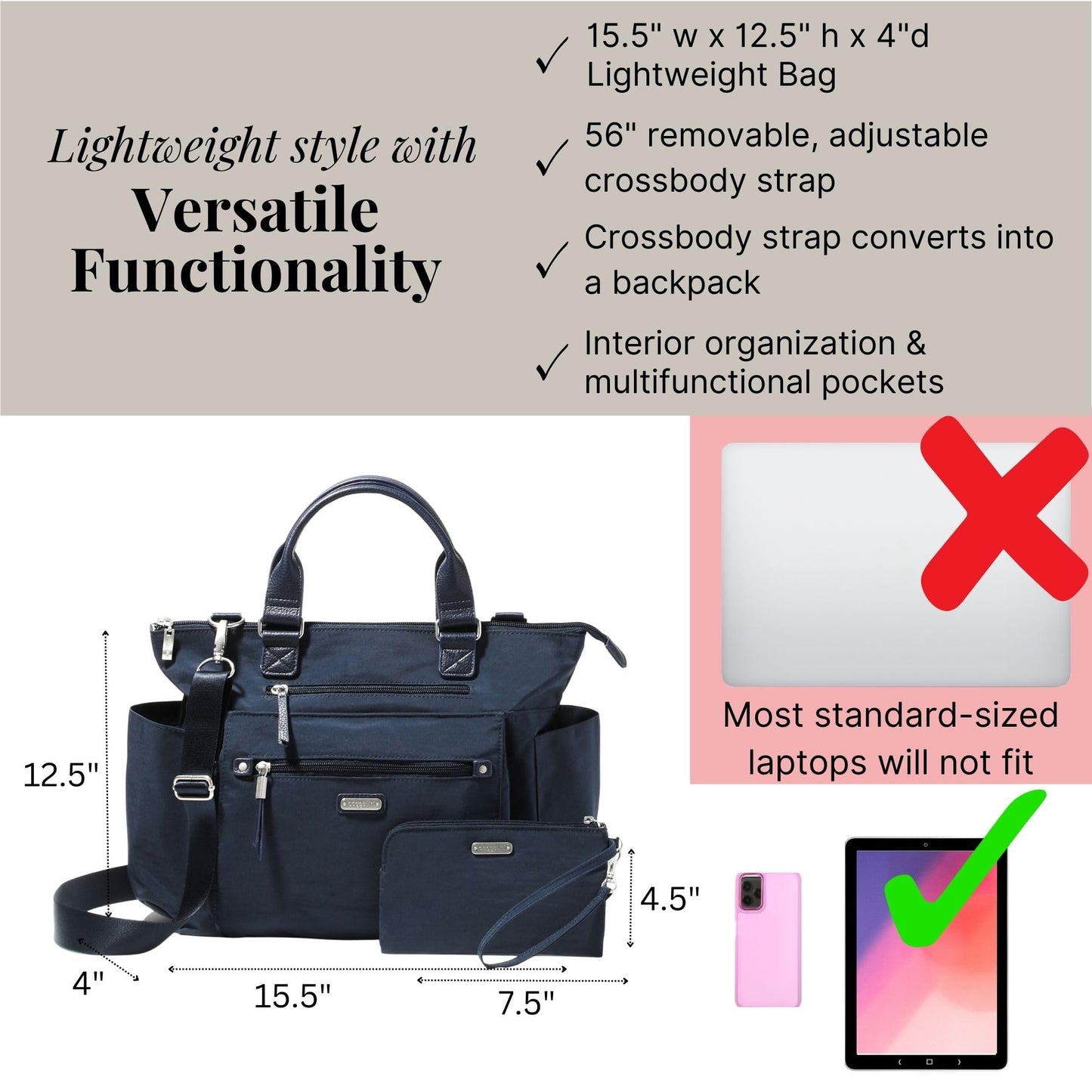 Baggallini 3-in-1 Convertible Backpack with RFID Phone Wristlet French Navy One Size